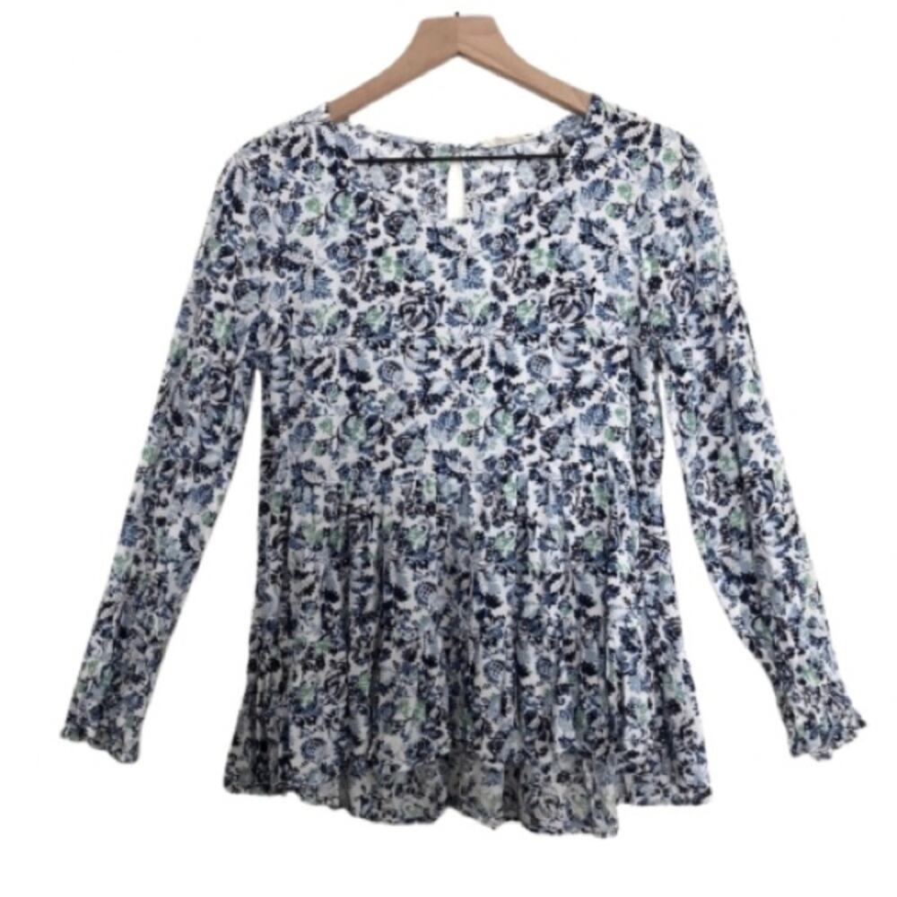Anthropologie Jane & Delancey Blue Floral Long Sleeve Flare Blouse Women's Small